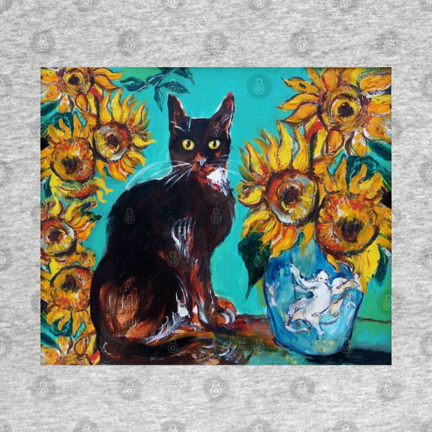 SUNFLOWERS WITH BLACK CAT IN BLUE TURQUOISE YELLOW COLORS by BulganLumini